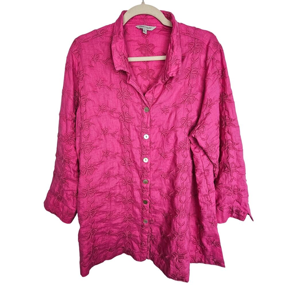 John Mark Womens Happy Daz Floral Embroidered Linen Tunic Top 0X Artsy Coastal